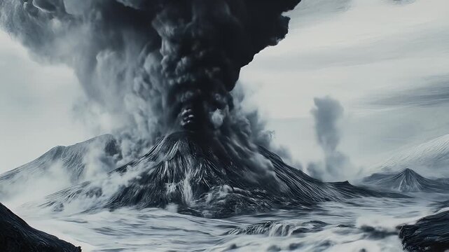 Volcano eruption in snowy, mountainous landscape, smoke cloud engulfing scene