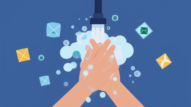 Illustration of hands being washed with soap and bubbles under running water, representing personal hygiene, cleanliness, sanitation, healthcare, and disease prevention.


