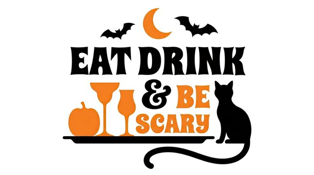 Eat drink and be scary halloween typography design with a black cat pumpkin bats and cocktail glasses