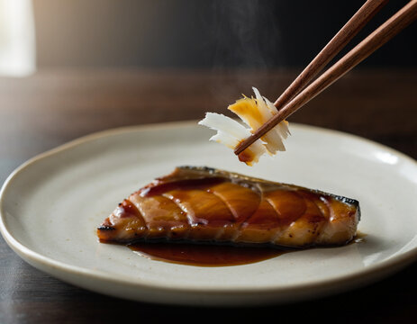 Wooden chopsticks lifting a flaky bite of buri teriyaki yellowtail from a plate, glossy soy glaze and steam, traditional Japanese washoku still life