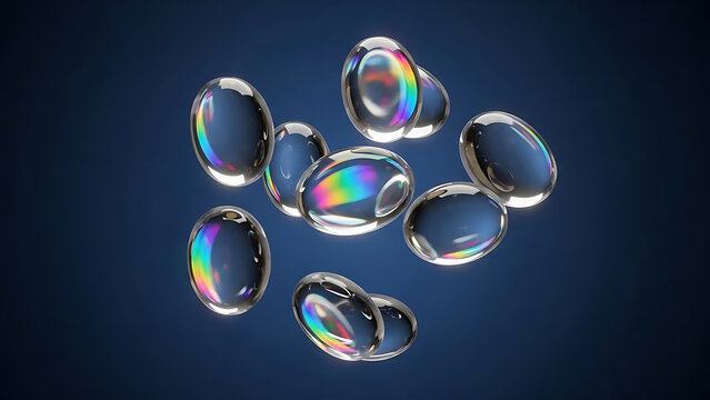 Transparent oval shapes with rainbow reflections floating on dark blue liquid abstract clear