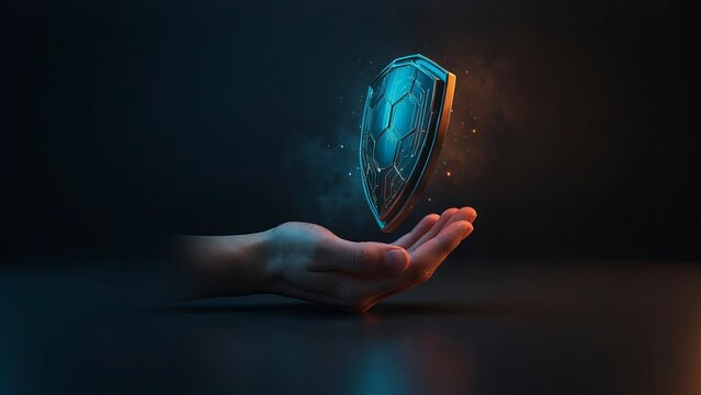 Security shield on an illuminated circuit board represents network firewall protection and digital safety.
