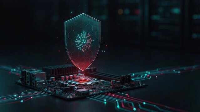 Security shield on an illuminated circuit board represents network firewall protection and digital safety.