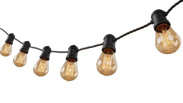 Edison bulb string lights with black sockets, isolated on transparent background