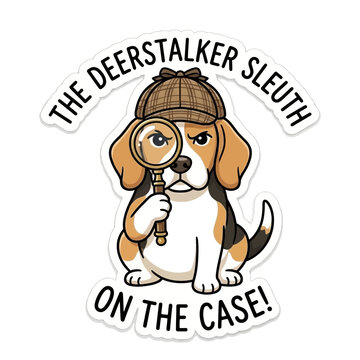 Cute Beagle Dog Detective Wearing Deerstalker Hat and Magnifying Glass.