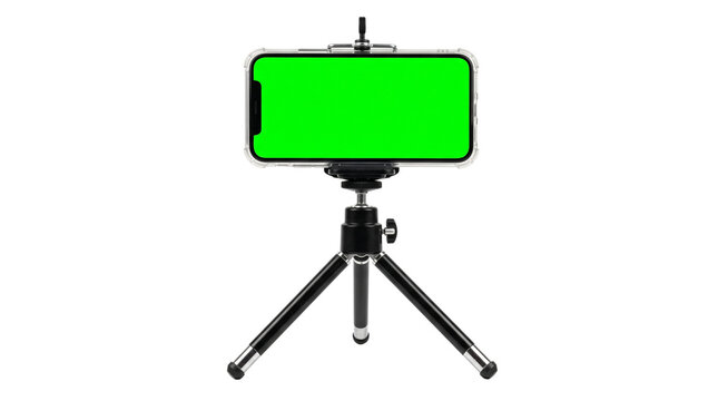 Green screen smartphone on tripod, mobile phone with chroma key display, professional vlogging setup on white background