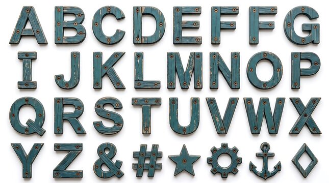 Digital illustration grid of distressed teal metal alphabet letters, punctuation, and industrial symbols including a star, gear, anchor, and diamond shape against a clean white background[cite: 16].