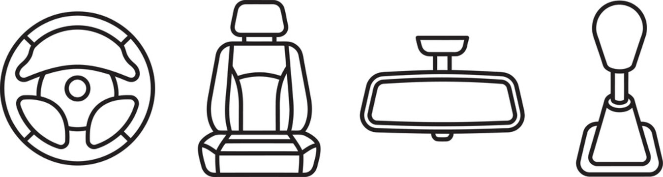 Car interior outline accessories flat vector icons collection on transparent background for automotive parts and driving concepts.