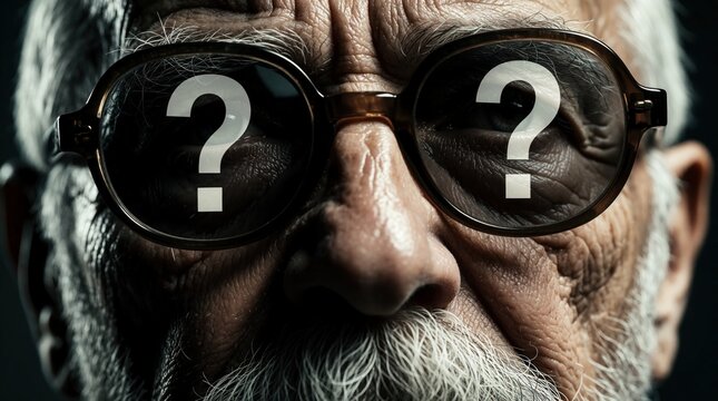 Close up portrait of pensive senior man wearing glasses with white question marks on lenses. Elderly person looks thoughtful, confused with serious expression. Concept of doubt uncertainty, aging