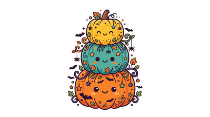 Fototapeta premium Stack of three cute colorful Halloween pumpkins with bats