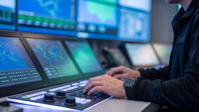 Cybersecurity control room and network operations monitoring. Engineer at control panel with global data screens, world map surveillance and analytics dashboard for security management system
