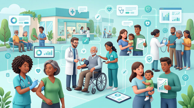 Diverse healthcare professionals provide medical services to patients of all ages