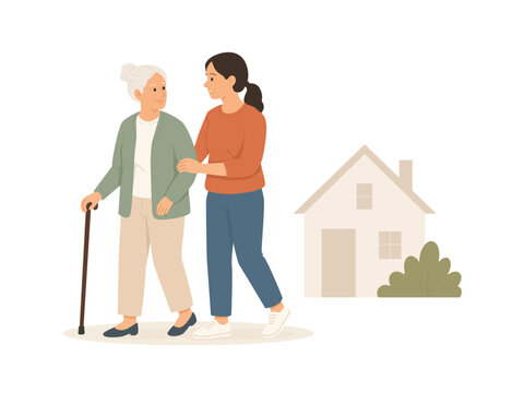Woman Helping Elderly Person Walk Outside