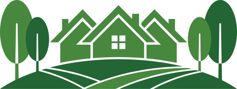 Green Real Estate Eco Friendly Housing Vector Logo Template Featuring Suburb Houses Neighborhood Trees and Rolling Hills for Sustainable Property Development Branding Layouts