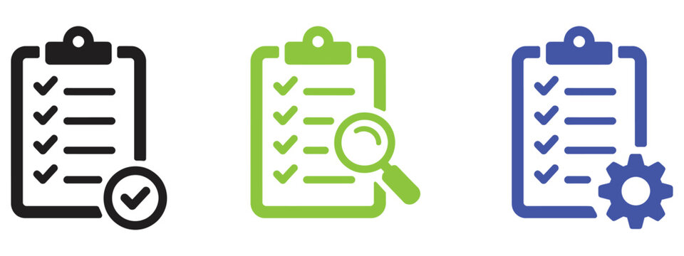 Clipboard Icon Set Featuring Checklist With Check Marks, Gears, Magnifying Glass, Quality Control, Technical Support And Form Symbols.