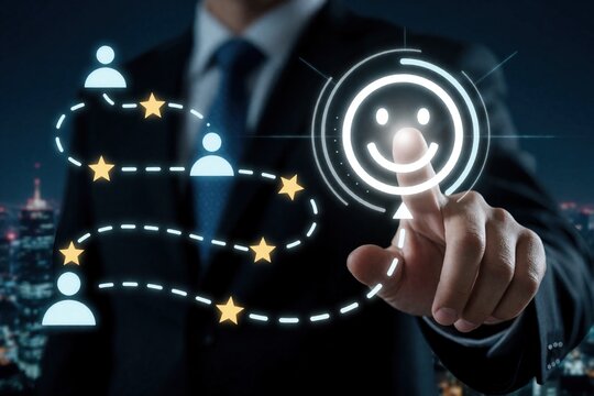 Person interacts with digital customer journey map showing path to happy client satisfaction. Experience flow highlights user engagement and loyalty leading to business success.