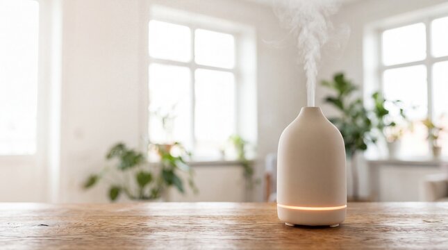 Ceramic essential oil aroma diffuser with warm led light spraying steam on wooden table in bright room