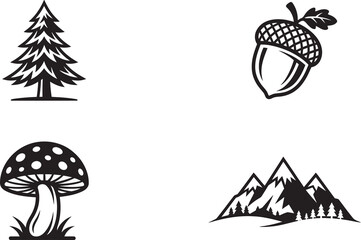 Natural wilderness icons collection including pine tree mushroom acorn and snowy mountain peaks silhouettes for outdoor adventure branding and forest park logos. © Mr WaQaS