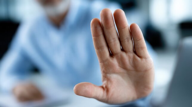 A man's hand is held up in a stop gesture, with the background blurred and out of focus
