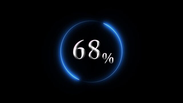 Neon blue circular loading progress bar animation with 68% percent counter, digital interface for ui ux and technology projects on black background 4k video