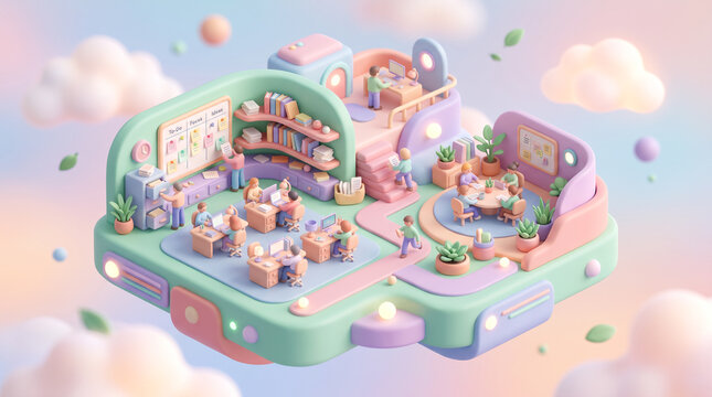 Whimsical isometric office scene with tiny people working and collaborating