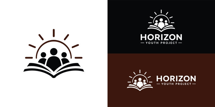 A minimalist logo featuring an open book, a rising sun, and diverse figures of young people, symbolising education, opportunity, empowerment and a brighter future beyond poverty.
