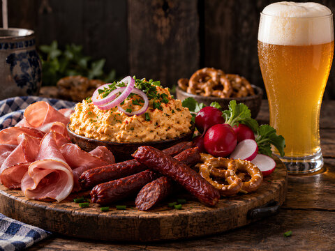 Traditional Bavarian Obatzda cheese spread served with smoked ham, sausages, pretzels, and a tall glass of cold lager beer on a rustic wooden board.