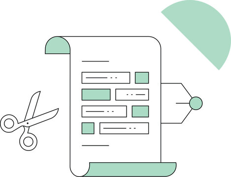 Vector illustration of a document being edited with scissors, representing content trimming, text cutting, or editing process