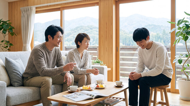 Warm‑hearted japanese family converse happily in a bright mountain‑view living room, the young son seated cross‑legged on floor cushion.