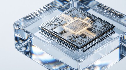 Fototapeta premium Microchip with glowing circuits rests on clear glass cube. Intricate processor shows tiny components, reflects light. Modern tech for advanced computing and digital networks.
