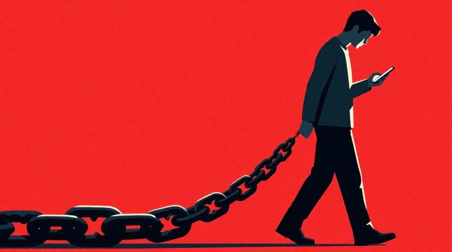 Man walks with phone tethered by heavy chain. Concept shows phone addiction or modern enslavement to tech. Isolated on red background. Simple flat illustration style.