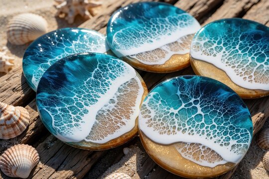 Ocean wave resin coasters sit on driftwood and sand. Handmade drink mats mimic sea surf, beach shore. Gifts for home, bar decor, summer party.