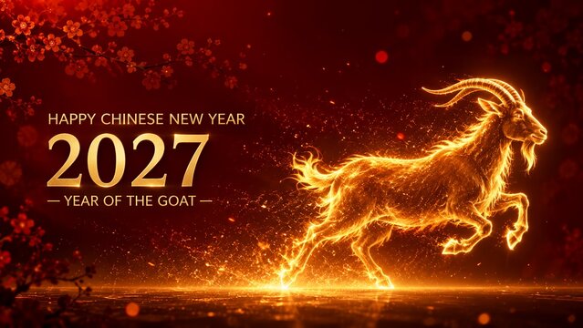Chinese New Year 2027 Celebration with Glowing Golden Goat and Festive Red Background