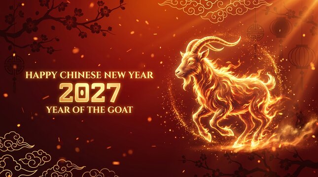 Chinese New Year 2027 Year of the Goat with Golden Goat on Red Background