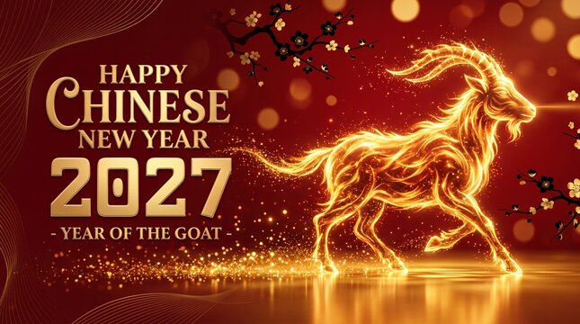 2027 Year of the Goat Chinese New Year Greeting Card with Golden Goat and Cherry Blossoms