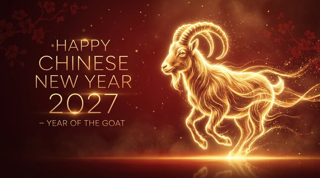 2027 Year of the Goat Chinese New Year Greeting Card with Golden Goat and Cherry Blossoms