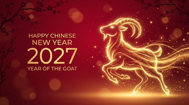 2027 Year of the Goat Chinese New Year Greeting Card with Golden Goat and Cherry Blossoms