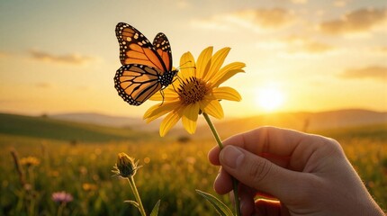 Fototapeta na wymiar Close up of hand holding yellow flower with monarch butterfly on petals. Beautiful insect sits on blossom in summer meadow during sunset. Golden sunlight illuminates nature scene in wildflower field