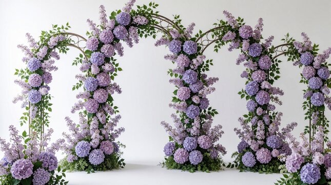 Floral wedding archways with lilac and hydrangea blooms against a white backdrop. Lush green foliage adorns arches, creating a romantic, elegant scene for ceremonies or events.
