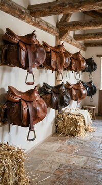 Leather riding saddles hanging on wall inside stable room