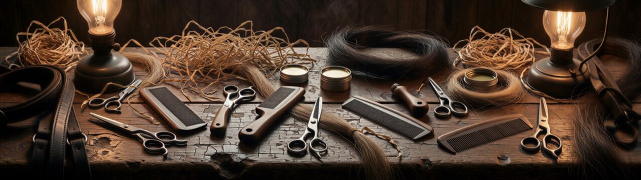Barber tools and razors arranged on illuminated vintage workbench