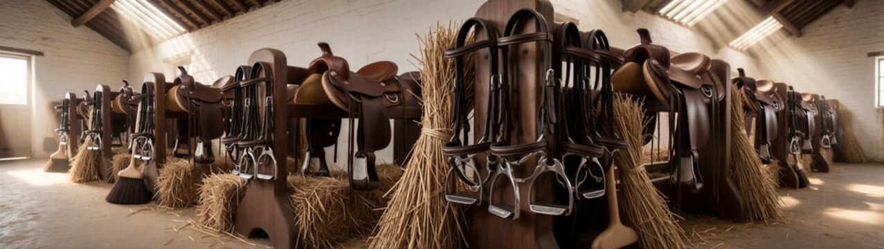 Row of saddles arranged in stable with straw and stirrups