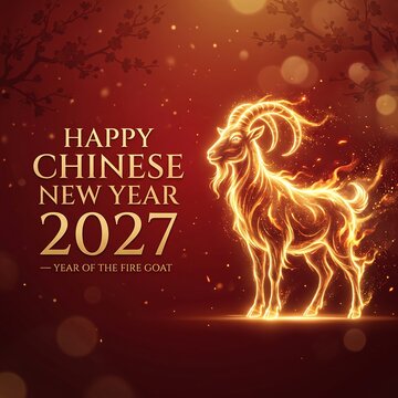 Chinese New Year 2027 Year of the Goat with Golden Goat on Red Background