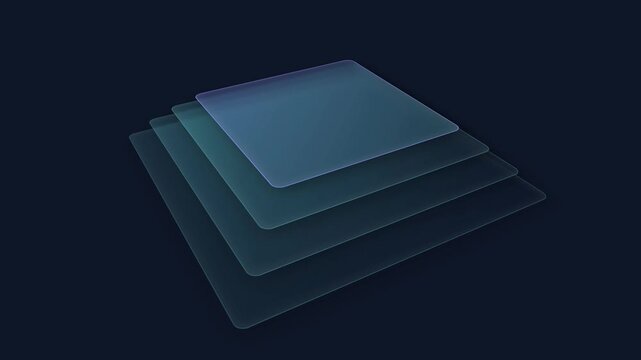Abstract background with 3D translucent blue glass square layers on a dark navy blue surface