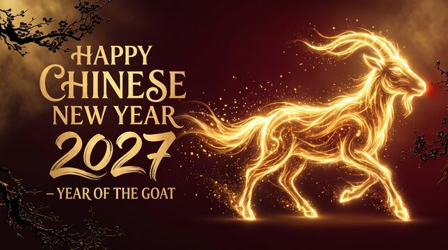 Chinese New Year 2027 Year of the Goat with Golden Goat on Red Background
