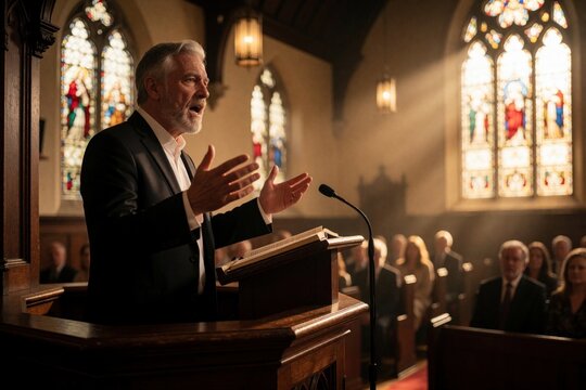 Man speaks from pulpit in church with sunlight rays from stained glass windows. Audience listens intently during religious service. Pastor preaches a sermon.