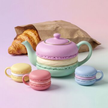 Teapot and cups shaped as colorful macarons with croissant in paper bag on pastel background. Creative dessert tableware concept for tea party, bakery menu, patisserie advertising and sweets branding.