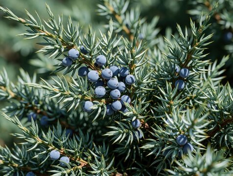 Close up of blue juniper berries on green needle foliage. Evergreen conifer plant with small round fruit grows in nature. Sharp prickly leaves, wild shrub branches create organic texture in forest