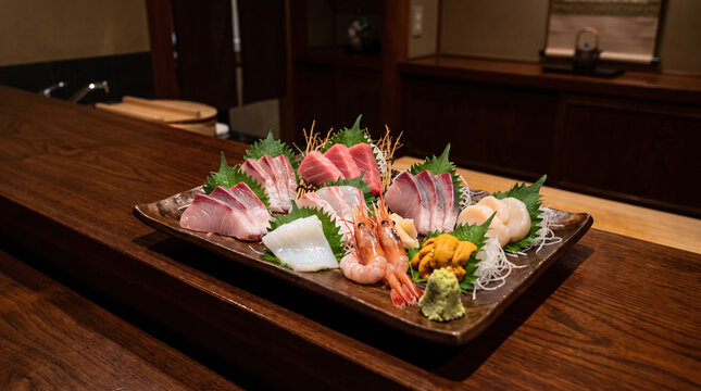 Vibrant assorted sashimi platter filled with multiple fresh raw seafood cuts, garnished with wasabi, shiso leaves and shredded daikon radish on dark wood counter.
