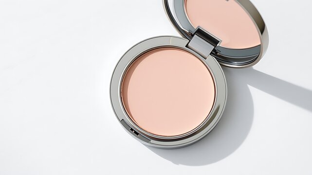 Compact powder makeup with silver casing and light peach shade cosmetic beauty
